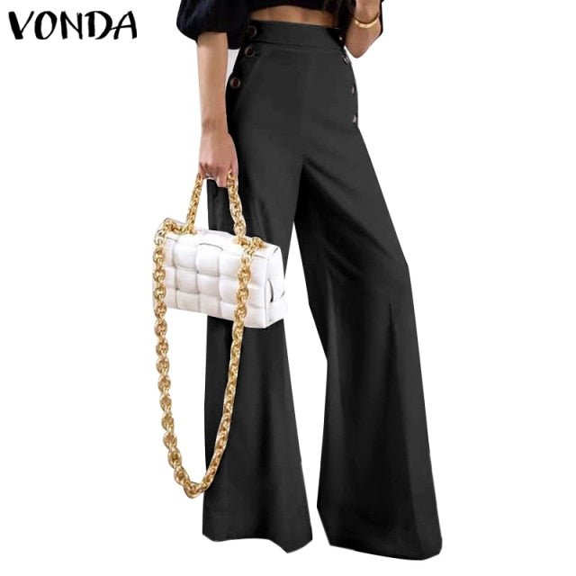 VONDA Vivacious Poly-Spandex Blend Wide Leg Faux Zipper Pants - My She Shop