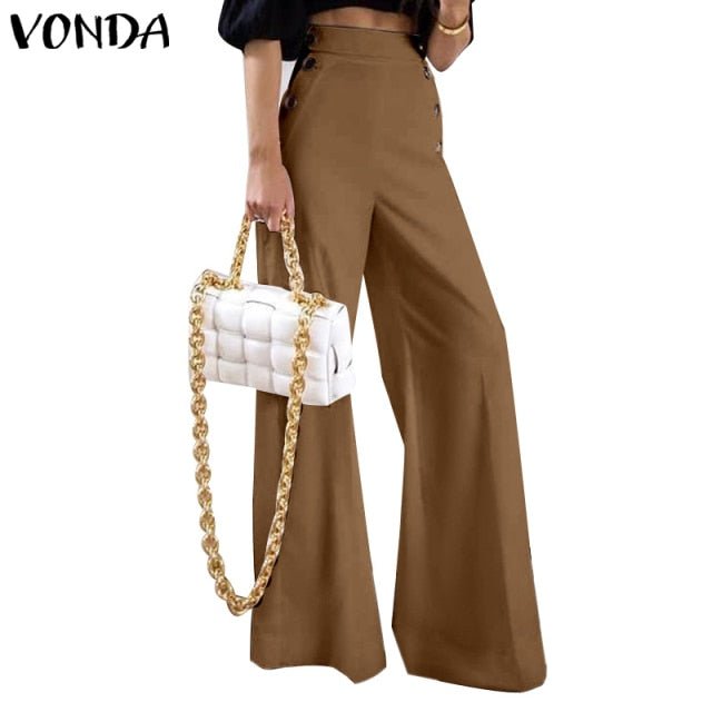 VONDA Vivacious Poly-Spandex Blend Wide Leg Faux Zipper Pants - My She Shop