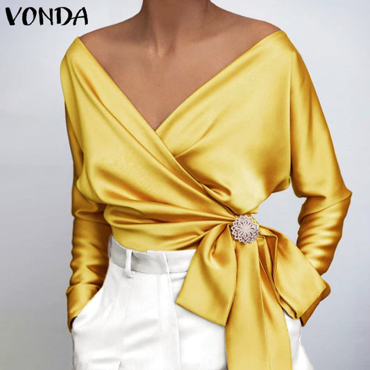 VONDA Vivacious V-Neck Unique Design Blouse - My She Shop