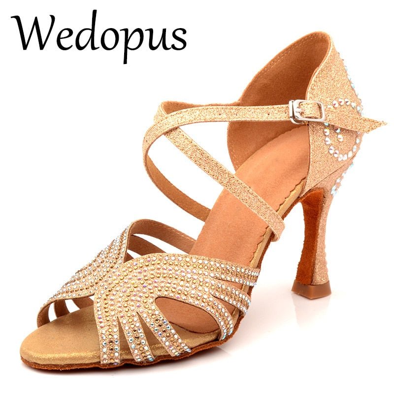 WEDOPUS Glitter Rhinestone Leather Multi-Choice Heel Soft Bottom Ballroom Dance Shoes - My She Shop