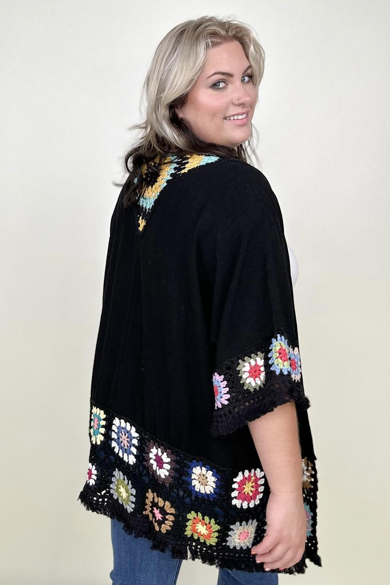 Umgee Linen Blend Patch Crochet Kimono Top