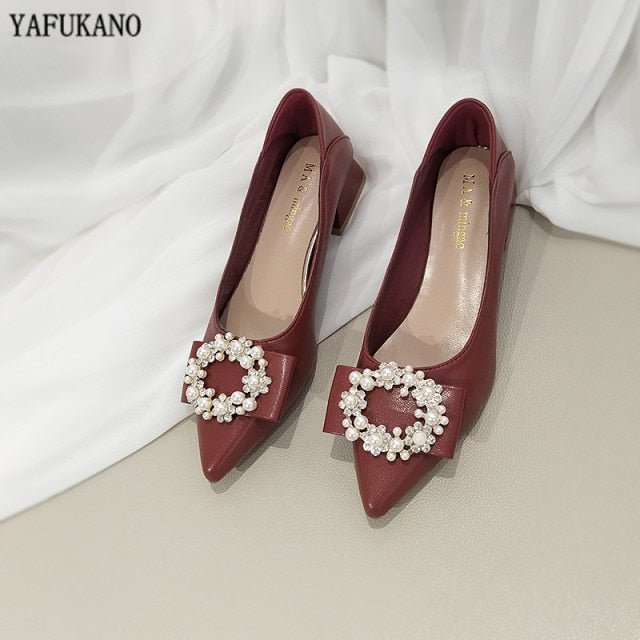 YAFUKANO Pointed Toe Low Square Heel Pearl Rhinestone Buckle Soft Leather Shoes - My She Shop