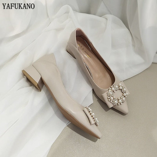 YAFUKANO Pointed Toe Low Square Heel Pearl Rhinestone Buckle Soft Leather Shoes - My She Shop