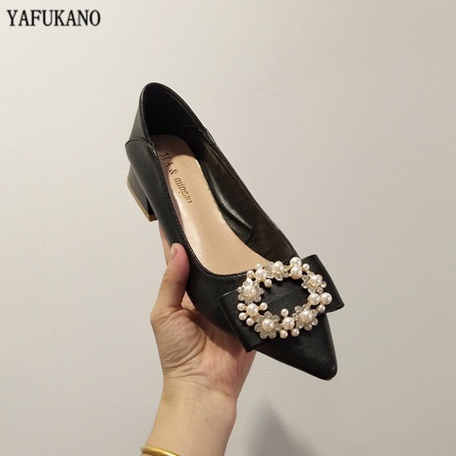 YAFUKANO Pointed Toe Low Square Heel Pearl Rhinestone Buckle Soft Leather Shoes - My She Shop