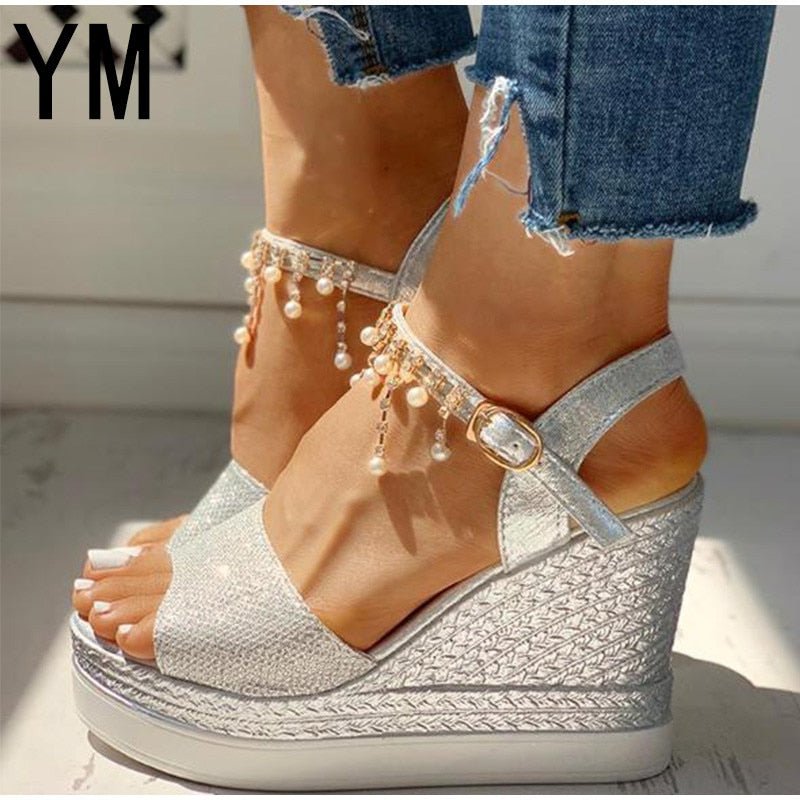 YM Wonderful Wedge Bead Studded Detail Platform Sandal Shoes - My She Shop