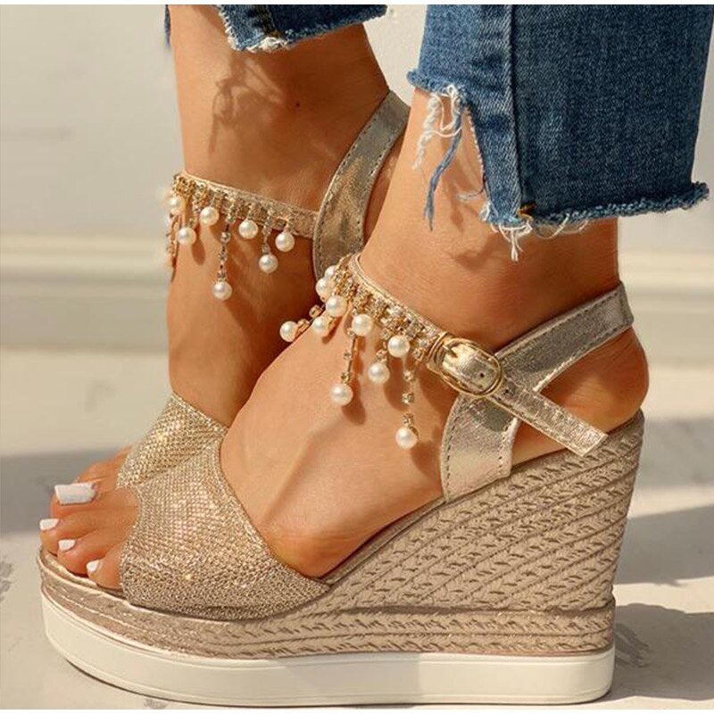 YM Wonderful Wedge Bead Studded Detail Platform Sandal Shoes - My She Shop