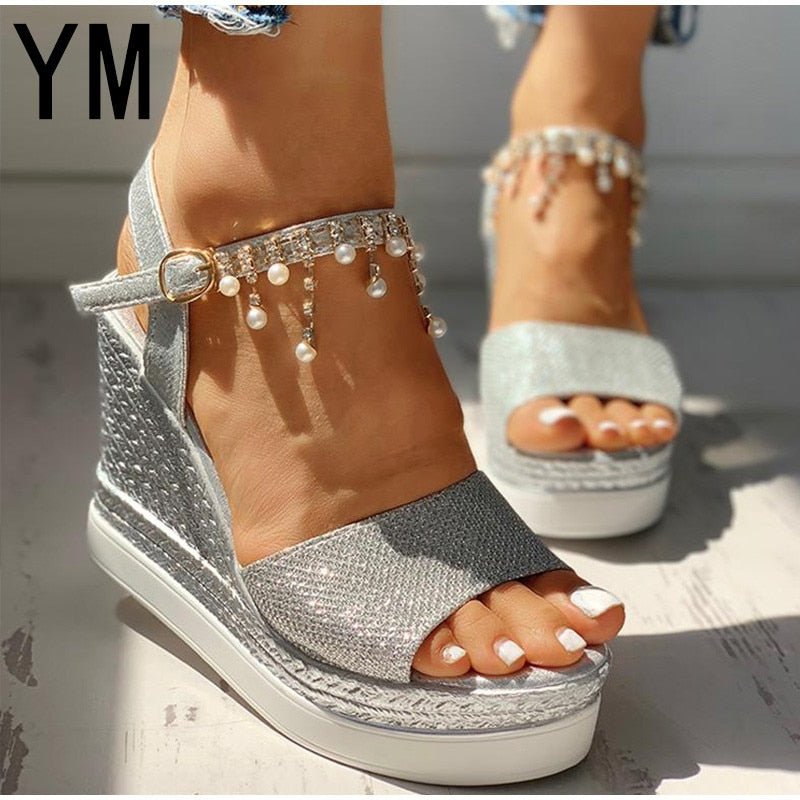 YM Wonderful Wedge Bead Studded Detail Platform Sandal Shoes - My She Shop