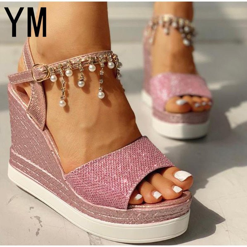 YM Wonderful Wedge Bead Studded Detail Platform Sandal Shoes - My She Shop