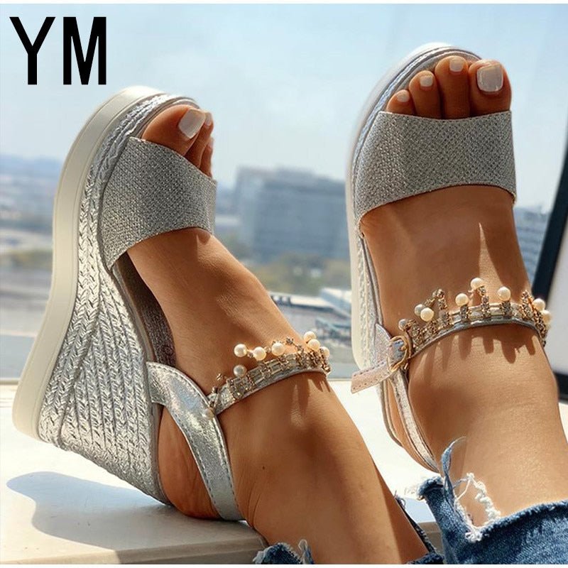 YM Wonderful Wedge Bead Studded Detail Platform Sandal Shoes - My She Shop