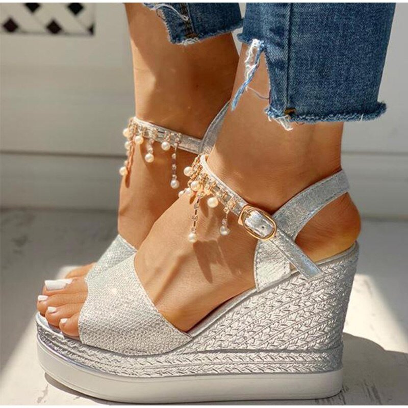 YM Wonderful Wedge Bead Studded Detail Platform Sandal Shoes - My She Shop