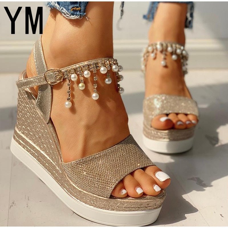 YM Wonderful Wedge Bead Studded Detail Platform Sandal Shoes - My She Shop