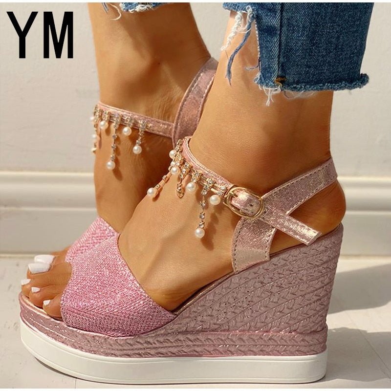 YM Wonderful Wedge Bead Studded Detail Platform Sandal Shoes - My She Shop