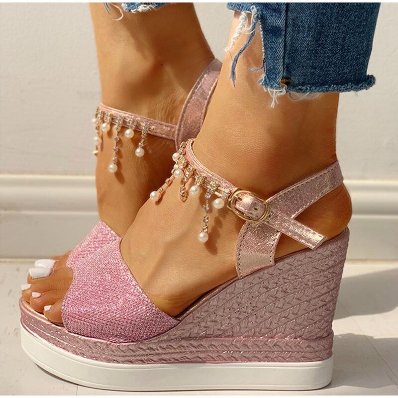 YM Wonderful Wedge Bead Studded Detail Platform Sandal Shoes - My She Shop