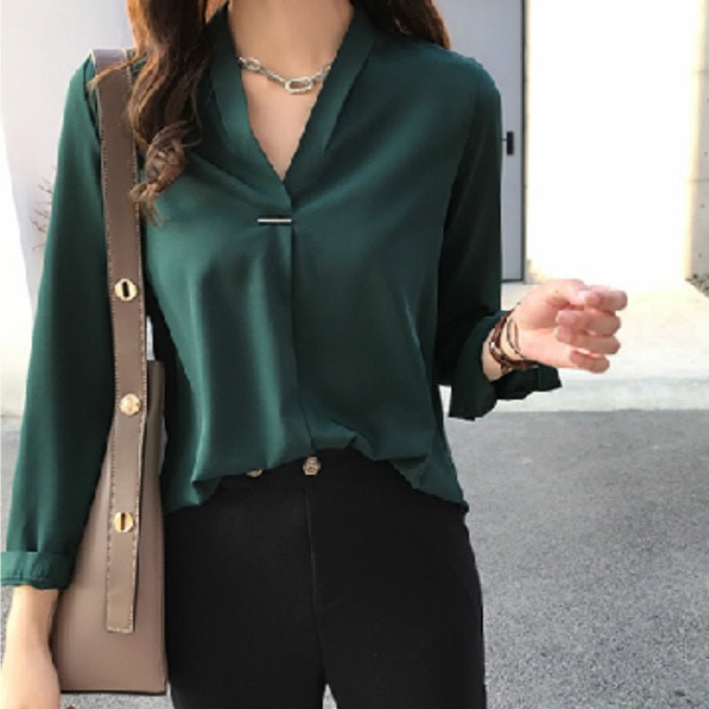 YUKIESUE Chiffon Blend Long Sleeve V-Neck Blouse - My She Shop