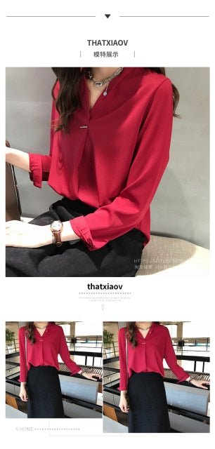 YUKIESUE Chiffon Blend Long Sleeve V-Neck Blouse - My She Shop