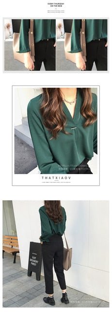 YUKIESUE Chiffon Blend Long Sleeve V-Neck Blouse - My She Shop