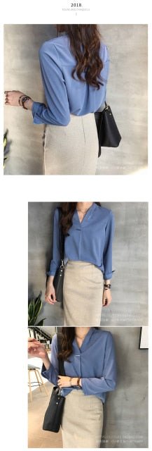 YUKIESUE Chiffon Blend Long Sleeve V-Neck Blouse - My She Shop