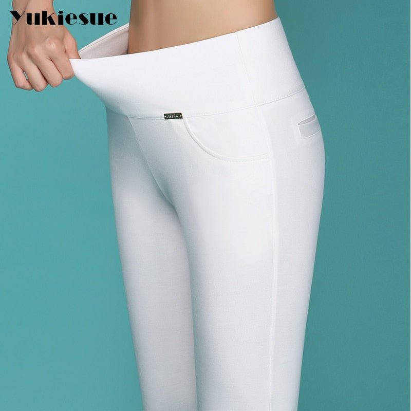 YUKIESUE Classy High Elastic Waste Calf Length or Full Length Pencil Pants - My She Shop