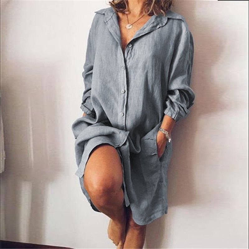 ZANZEA Amazing and Casual Button Down Tunic Long Sleeve With Pockets Shirt Dress - My She Shop