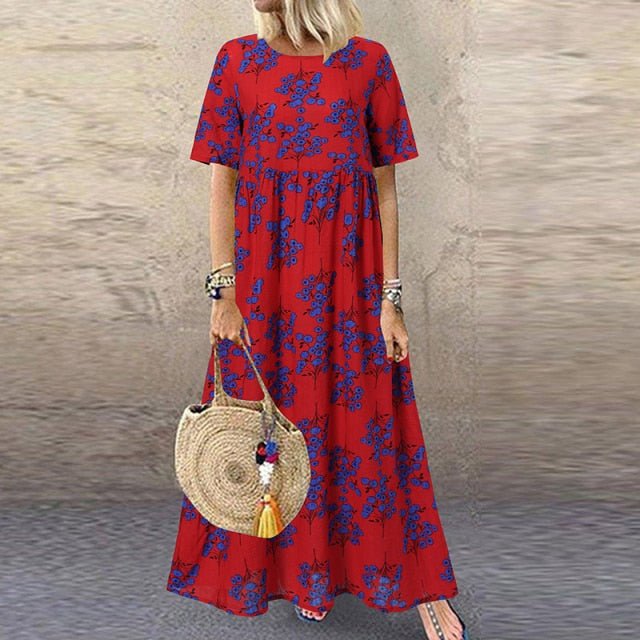 ZANZEA Bohemian Style Floral V-Neck Short Sleeve Empire Waist Befree Dress - My She Shop