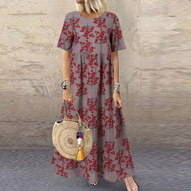 ZANZEA Bohemian Style Floral V-Neck Short Sleeve Empire Waist Befree Dress - My She Shop