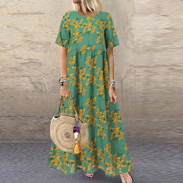 ZANZEA Bohemian Style Floral V-Neck Short Sleeve Empire Waist Befree Dress - My She Shop