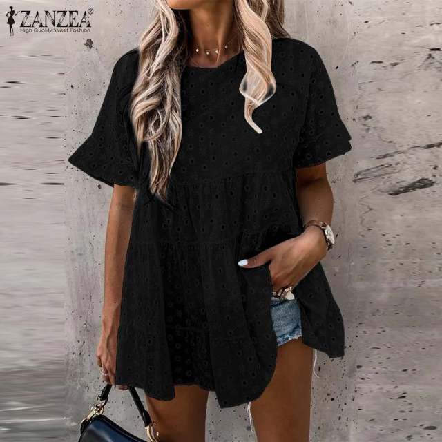 ZANZEA Boho Style 100% Cotton Lace Ruffle Hollow Out V-Neck Blouse - My She Shop