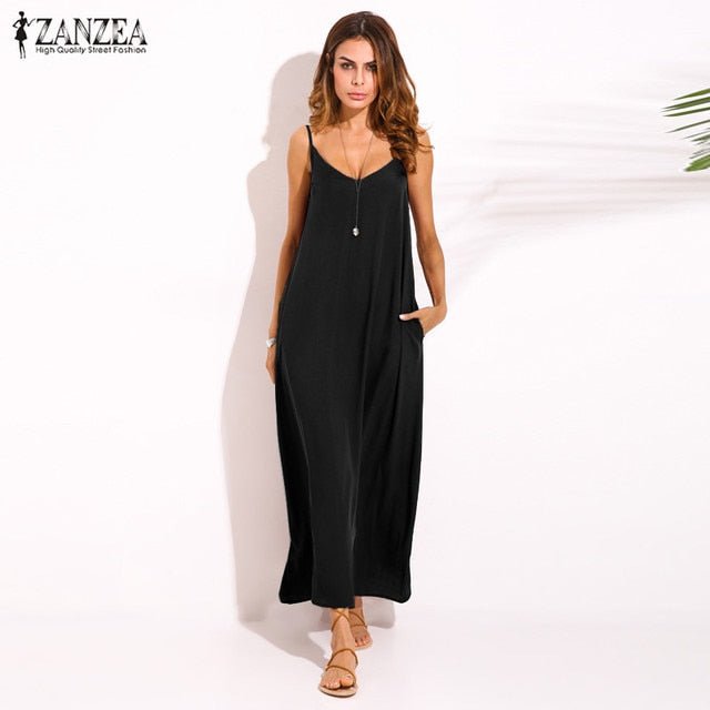 ZANZEA Casual Cotton V-Neck Spaghetti Strap Pocket Befree Beach Cruise Dress - My She Shop