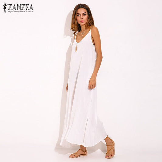 ZANZEA Casual Cotton V-Neck Spaghetti Strap Pocket Befree Beach Cruise Dress - My She Shop