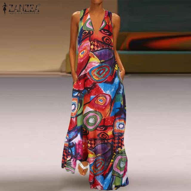 ZANZEA Classic Fun Print V-Neck Sleeveless Pocket Beach Cruise Dress - My She Shop