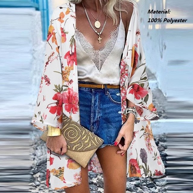 ZANZEA Classy Bohemian Floral Printed Flare Sleeve Kimono Style Cardigan - My She Shop