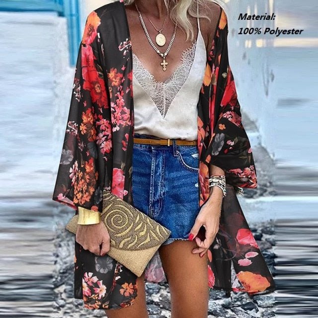 ZANZEA Classy Bohemian Floral Printed Flare Sleeve Kimono Style Cardigan - My She Shop