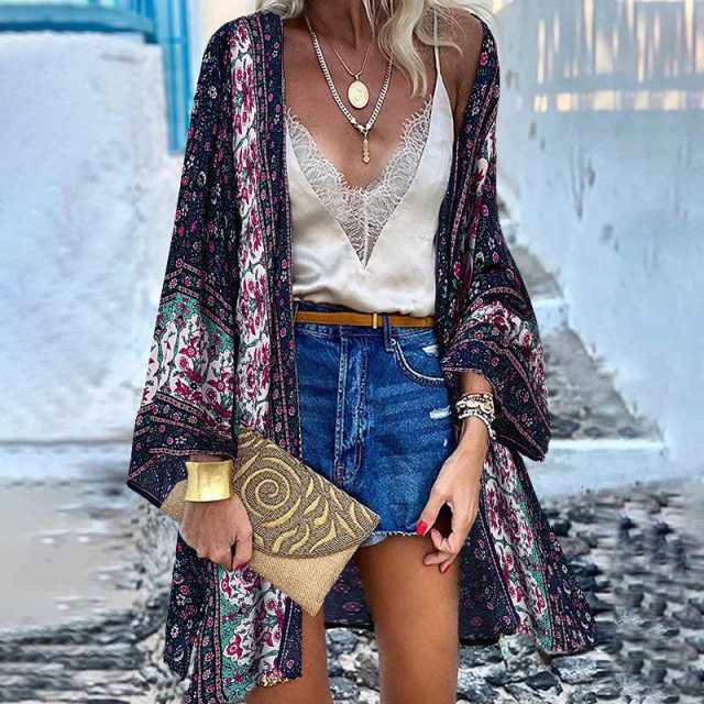 ZANZEA Classy Bohemian Floral Printed Flare Sleeve Kimono Style Cardigan - My She Shop