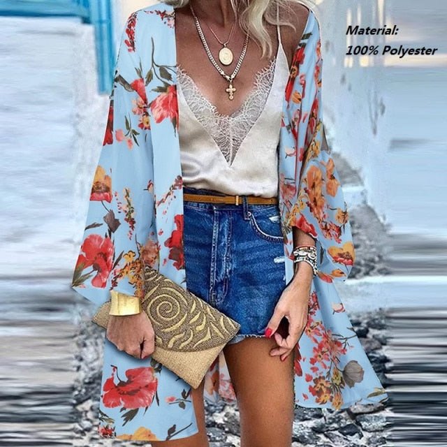 ZANZEA Classy Bohemian Floral Printed Flare Sleeve Kimono Style Cardigan - My She Shop