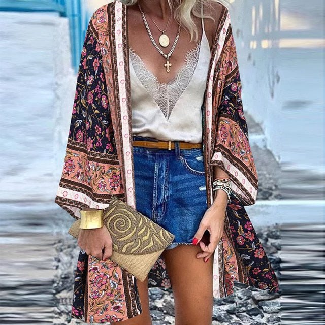 ZANZEA Classy Bohemian Floral Printed Flare Sleeve Kimono Style Cardigan - My She Shop