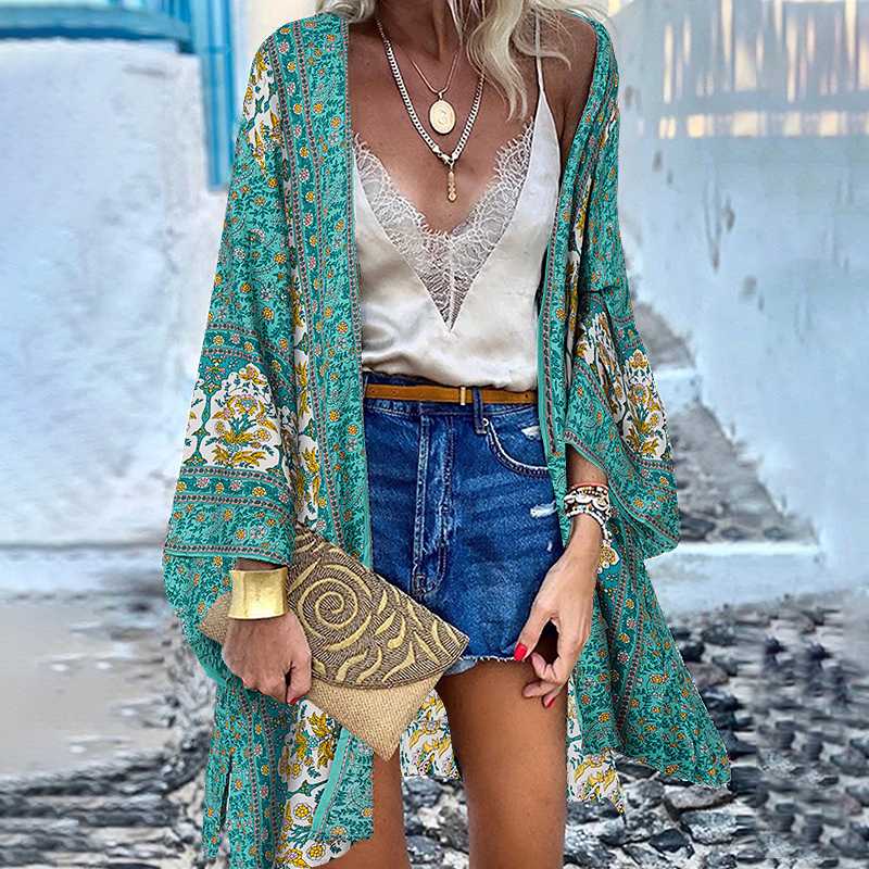 ZANZEA Classy Bohemian Floral Printed Flare Sleeve Kimono Style Cardigan - My She Shop