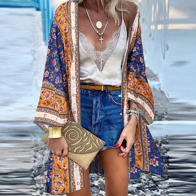 ZANZEA Classy Bohemian Floral Printed Flare Sleeve Kimono Style Cardigan - My She Shop