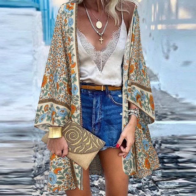 ZANZEA Classy Bohemian Floral Printed Flare Sleeve Kimono Style Cardigan - My She Shop