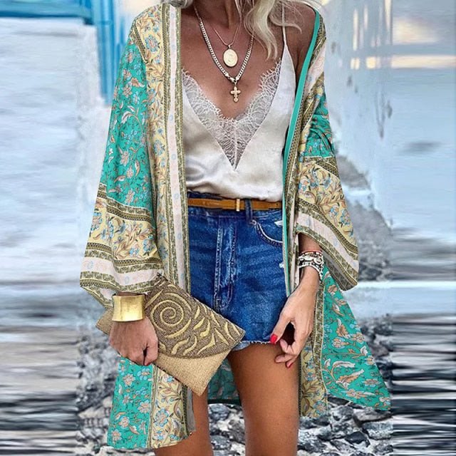 ZANZEA Classy Bohemian Floral Printed Flare Sleeve Kimono Style Cardigan - My She Shop