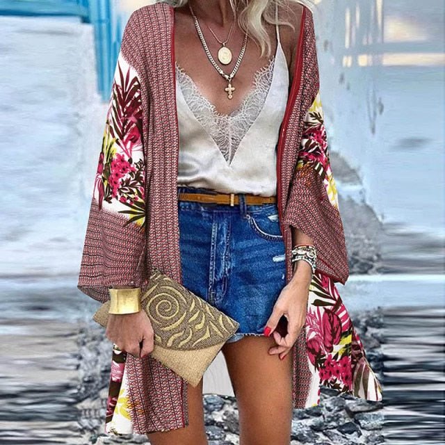 ZANZEA Classy Bohemian Floral Printed Flare Sleeve Kimono Style Cardigan - My She Shop