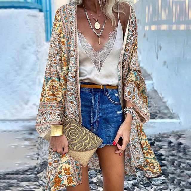 ZANZEA Classy Bohemian Floral Printed Flare Sleeve Kimono Style Cardigan - My She Shop