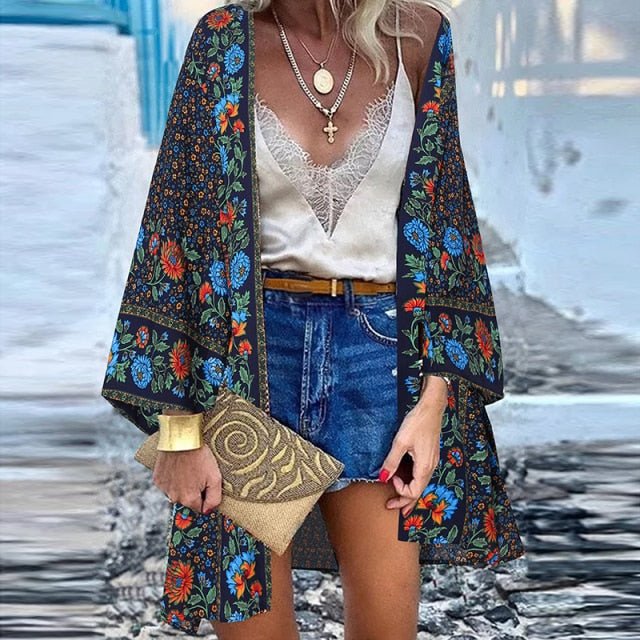 ZANZEA Classy Bohemian Floral Printed Flare Sleeve Kimono Style Cardigan - My She Shop