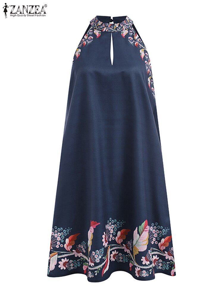 ZANZEA Hot Halter Style Navy Floral Print Dress - My She Shop