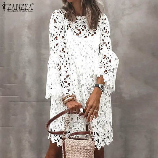 ZANZEA Lace Crochet Flare Sleeve 2-Piece Dress - My She Shop