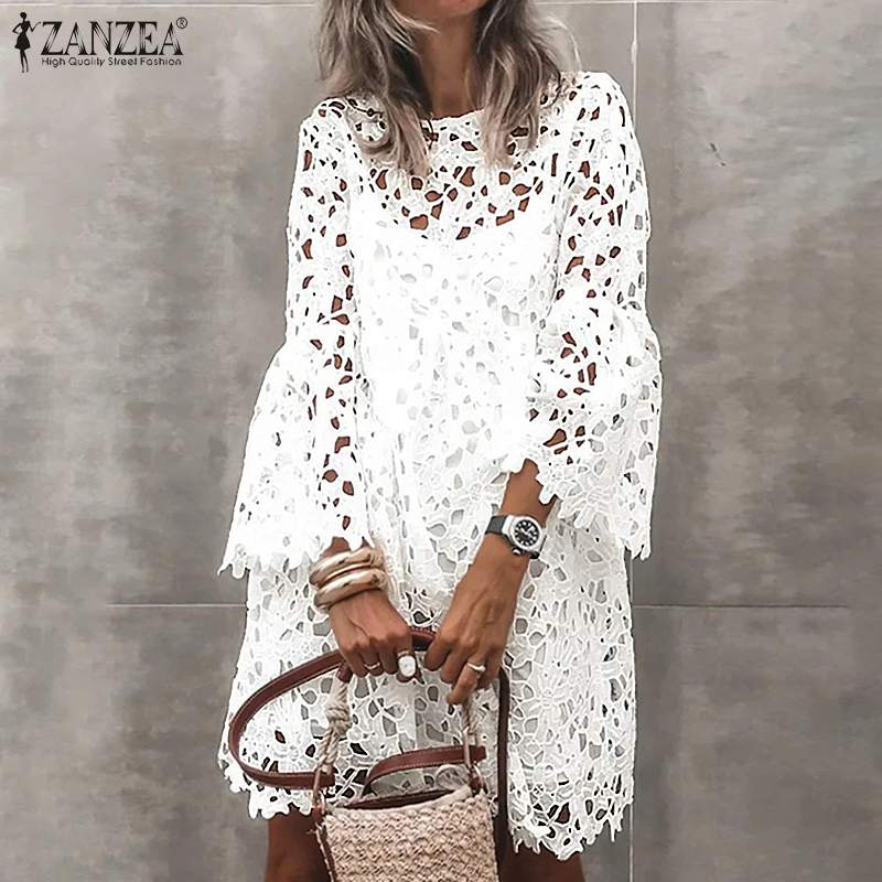 ZANZEA Lace Crochet Flare Sleeve 2-Piece Dress - My She Shop