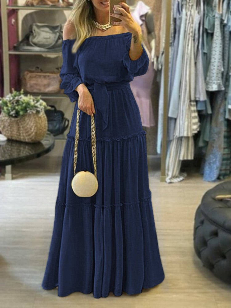 ZANZEA Off Shoulder Ruffle Belted Long Maxi Dress - My She Shop