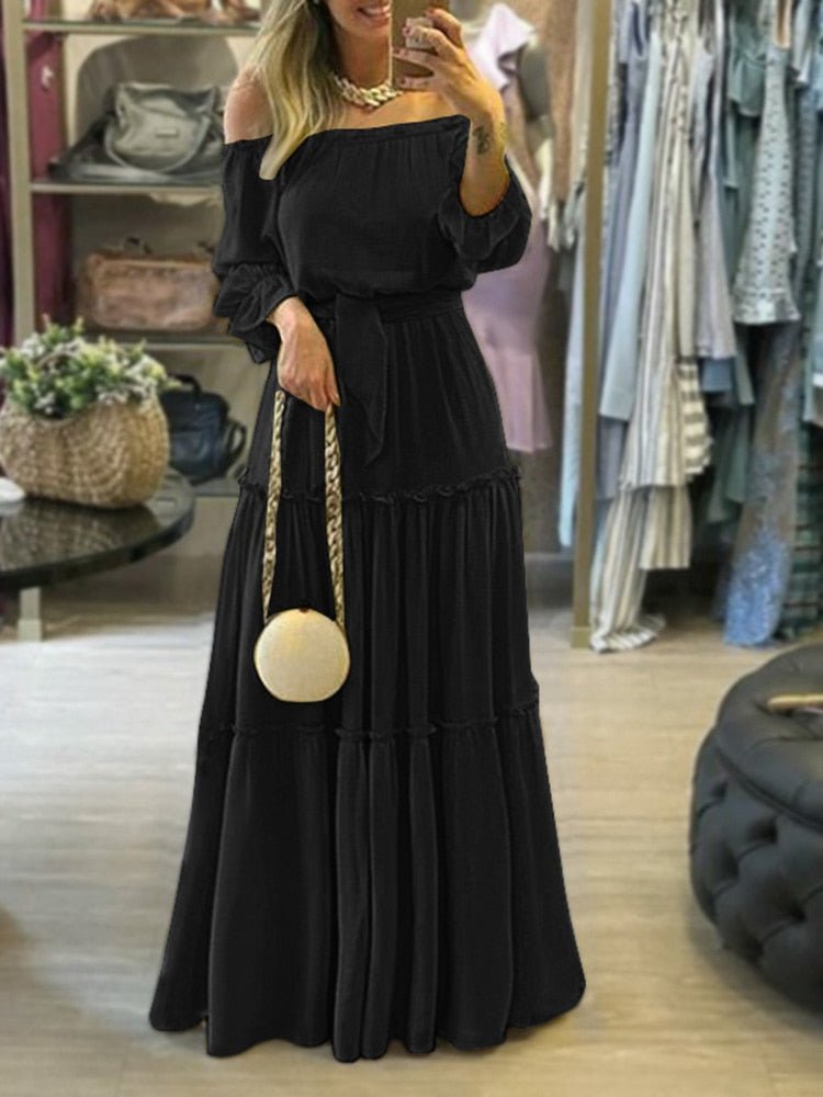 ZANZEA Off Shoulder Ruffle Belted Long Maxi Dress - My She Shop