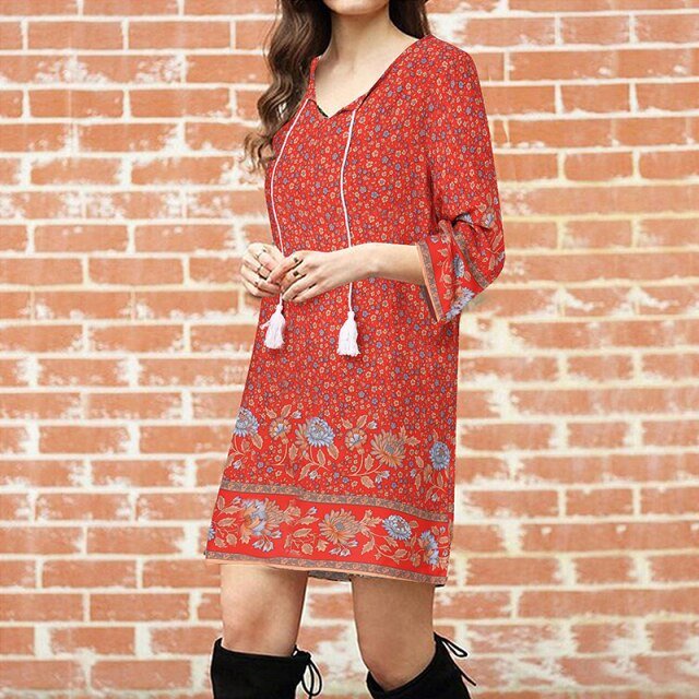 ZANZEA Retro Cotton Rayon Blend 3/4 Sleeve with Tassel Tie Dress - My She Shop