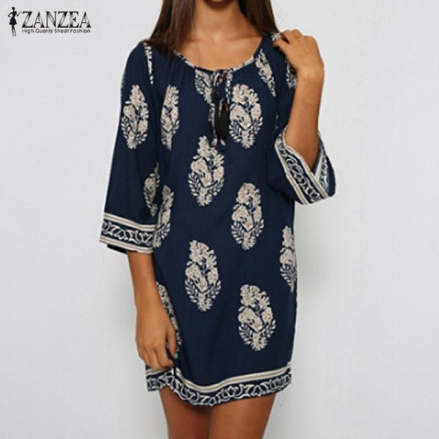 ZANZEA Retro Cotton Rayon Blend 3/4 Sleeve with Tassel Tie Dress - My She Shop