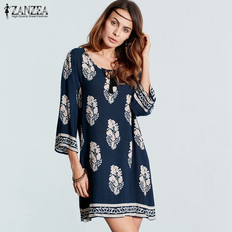 ZANZEA Retro Cotton Rayon Blend 3/4 Sleeve with Tassel Tie Dress - My She Shop